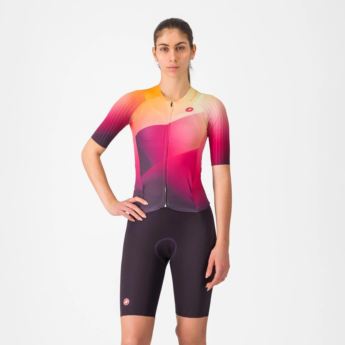 Castelli Free Sanremo 3 W Short Sleeve Trisuit, Damen, Dark Night Shade/Vivid Orange Bright Rose