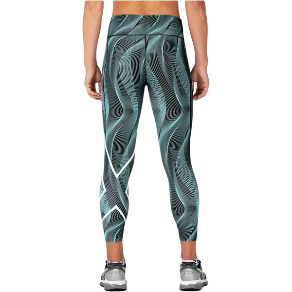 2XU Print Mid-Rise Comp 7/8 Tights, Damen, Laufhose, Aruba Blue Camo/white