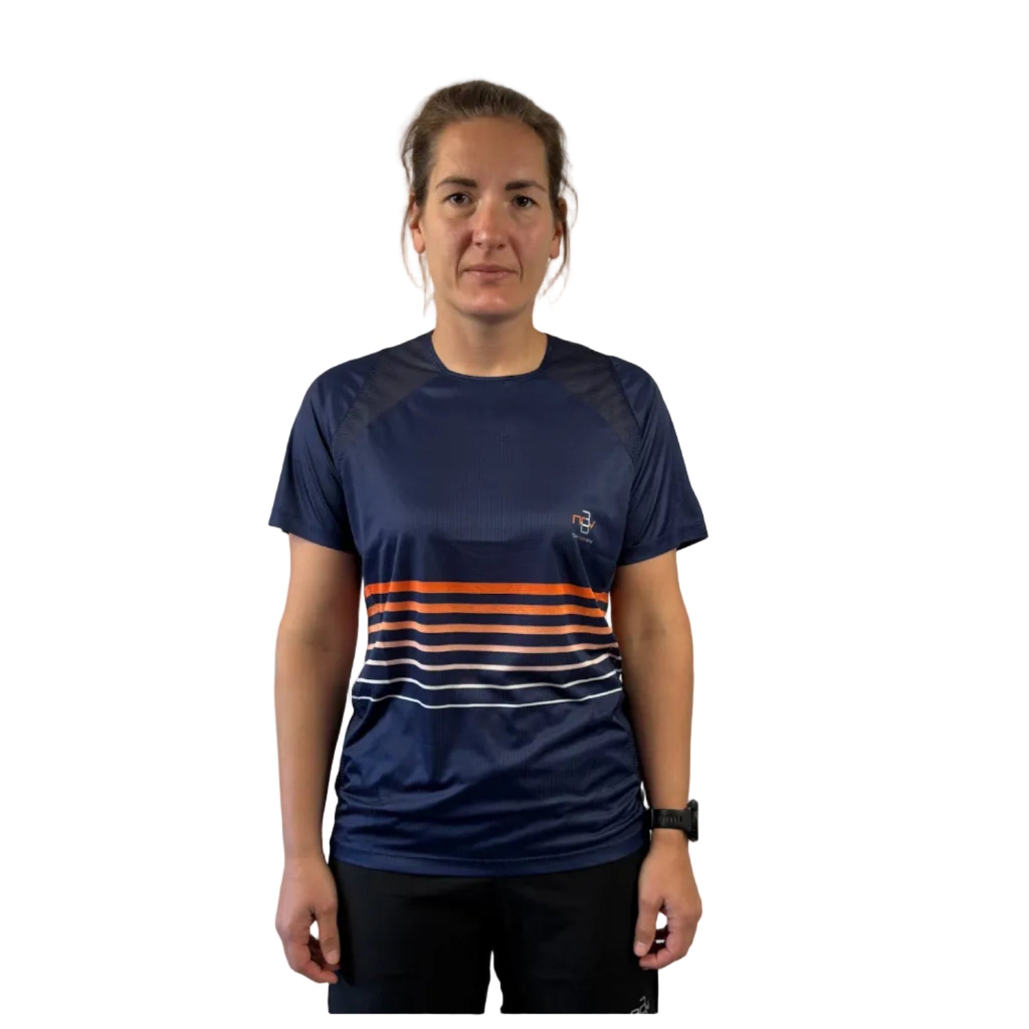 Trinovate Elite Kurzarm-Laufshirt, marine-glow, von vorn am weiblichen Modell
