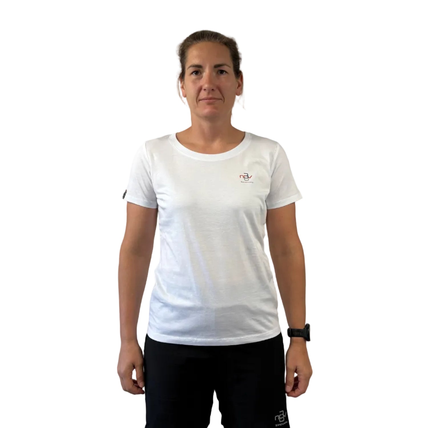 Trinovate Essential T-Shirt, Damen, weiß, Ansicht von vorn am weiblichen Modell