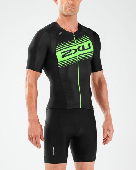 2XU Compression Sleeved Tri Top, Herren, schwarz/grün