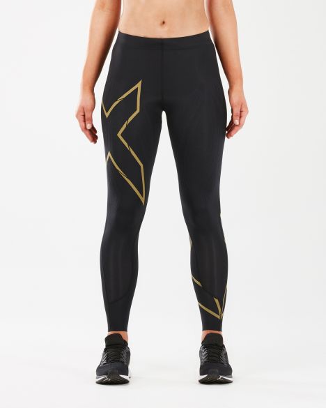 2XU MCS Run Compression Tights, Damen, Laufhose, Black/Gold Reflective