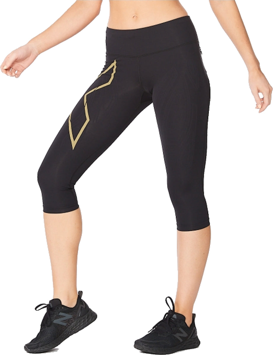 2XU Light Speed Mid-Rise Compression 3/4 Tights, Damen, Laufhose, Black/Gold Reflective