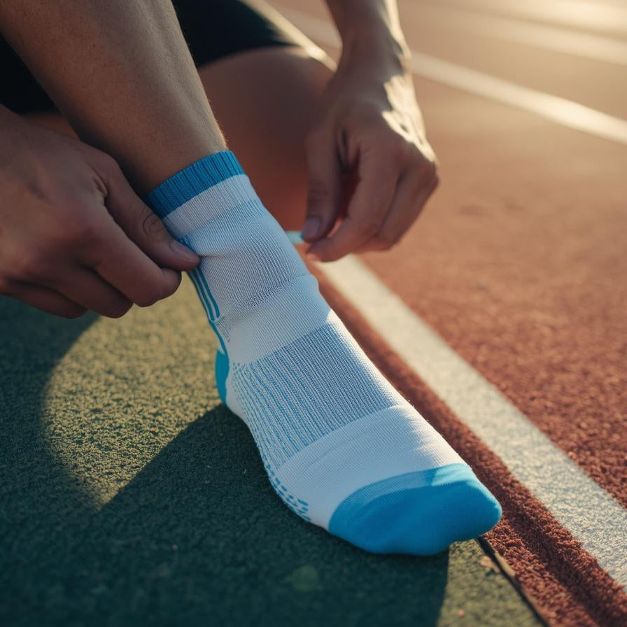Großaufnahme eines Läufers, der sich am Rand einer Laufbahn weiß-blaue Laufsocken anzieht