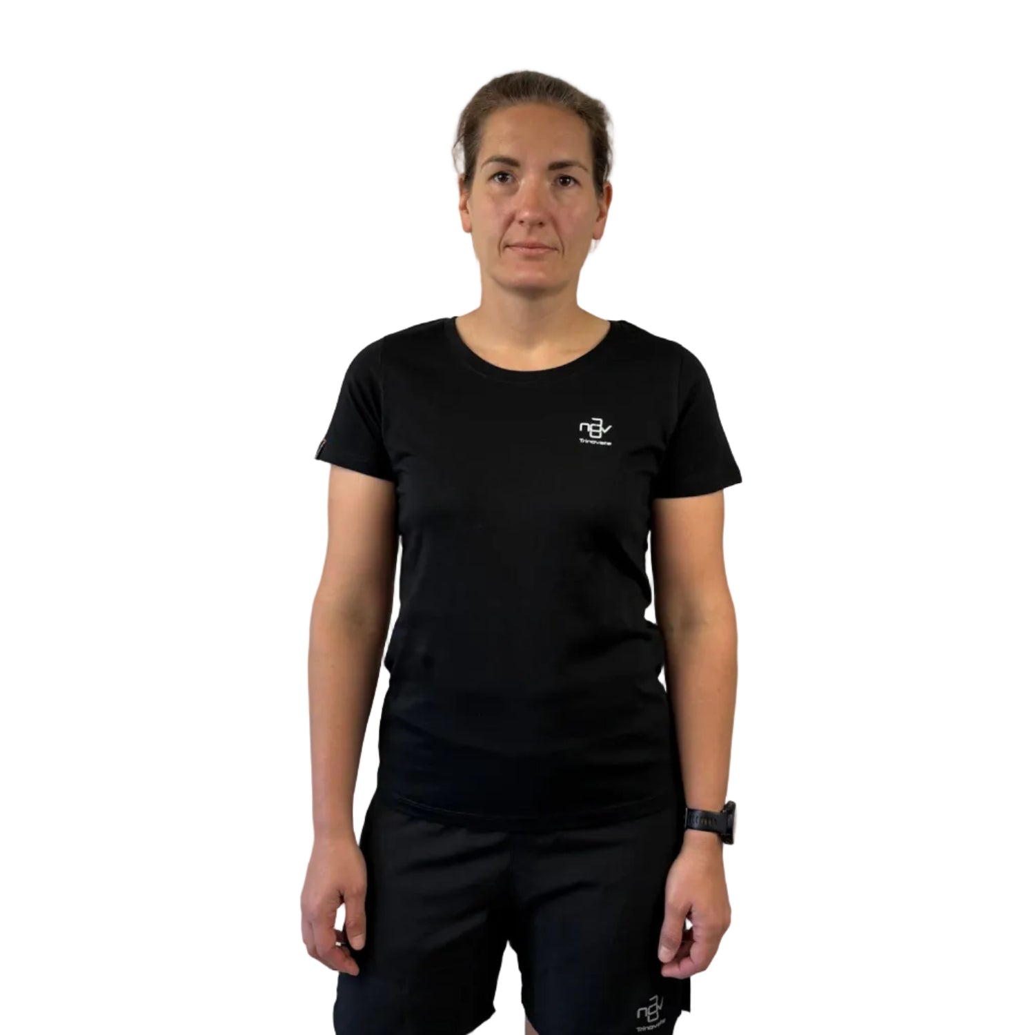 Trinovate Essential T-Shirt, Damen, schwarz, Ansicht von vorn am weiblichen Modell