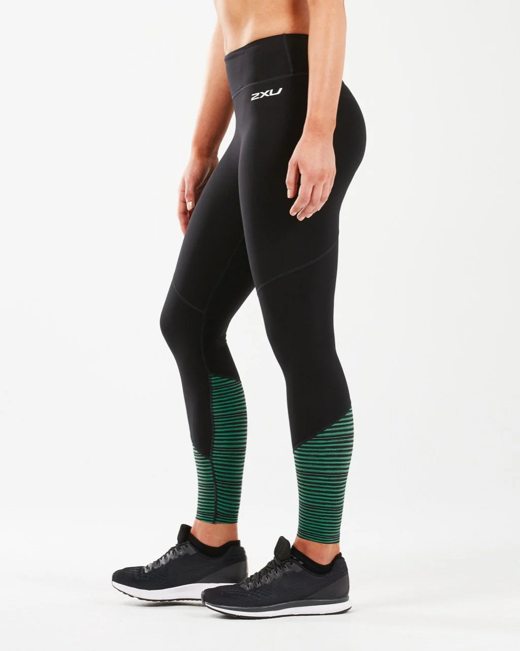 2XU Fitness Mid-Rise Compression Tights, Damen, Black/Golf Green Stripe