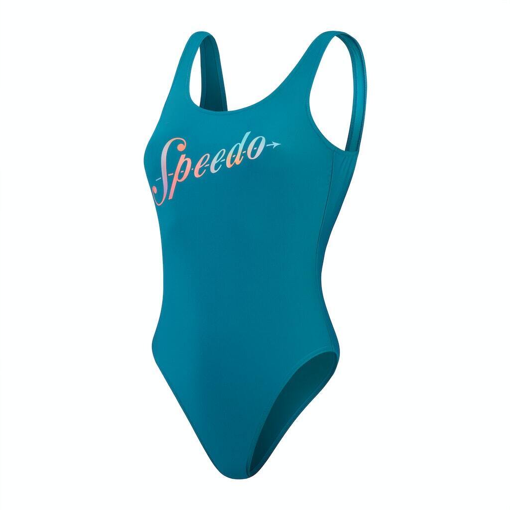 Speedo Logo mit tiefem U-Rückenausschnitt, petrol, Badeanzug, Damen